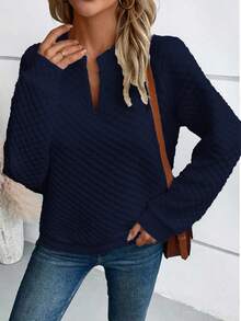 SHEIN LUNE Sudadera casual holgada de mujer de unicolor con cuello en V y manga larga - Azul Marino - Ver 4