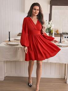 EMERY ROSE 女式秋季简约纯色V领束腰灯笼袖连衣裙 - 紅色 - 查看 5