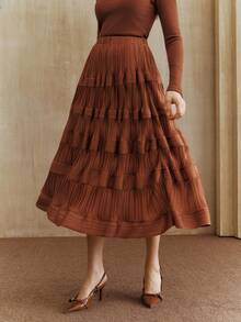 Anewsta Váy nữ thời trang cao cấp mới, kích thước tiêu chuẩn, thiết kế tinh tế, váy xếp ly - màu nâu - Xem 4