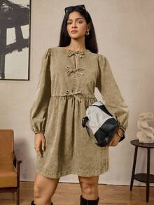Zelara Váy thường ngày cỡ lớn dành cho nữ có nơ trang trí, cổ tròn, tay áo xòe, có túi - Màu xanh Ô liu - Xem 3