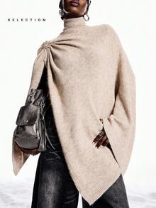 LYSMO 2025 New Arrive Minimalism Winter Women's Solid Color Turtleneck Loose Asymmetrical Hem Knit Sweater - Camel - View 4