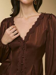 Poéselle Women's Shirt Satin Lace-Trim Peplum Blouse – Chocolate Brown V-Neck Button-Front Top With Balloon Sleeves & Tie-Back Waist Satin Blouse Women Lace Trim Top Chocolate Brown Blouse Peplum Shirt V Neck Button Front Romantic Date Night Top Tie Back Blouse Fall Chic Women's Solid Color Contrast Lace V-Neck Lantern Sleeve Single-Breasted Elegant Blouse Brown Blouse New Year Women's Winter For Women - Brown - View 5