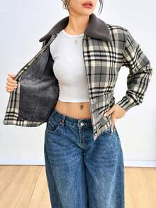 Chamarra afelpada para mujer lana con estampado de cuadros multicolor con cuello texturizado suave de moda casual y ligera para uso diario - Marrón - Ver 2