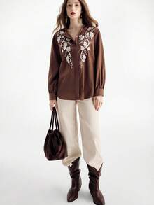 Aveloria Modichic Autumn/Winter New Women's Coffee Floral Textured Embroidered Round Neck Oversized Casual Long Sleeve Shirt - Brown - View 6