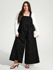 Enliva Plus Size Women's Bib Pants, Jacquard Textured Fabric Long Bib Pants, Adjustable Shoulder Strapsfall Clothes For Women,Winter,CURVE PLUS/Autumn /Winter - Black - View 8
