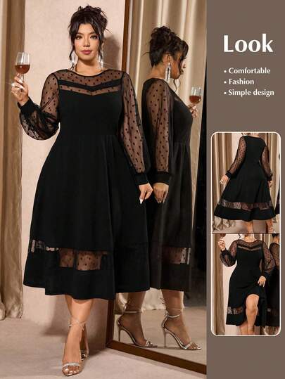 Cravure Robe longue élégante à manches longues, col rond, en maille transparente avec patchwork, grande taille