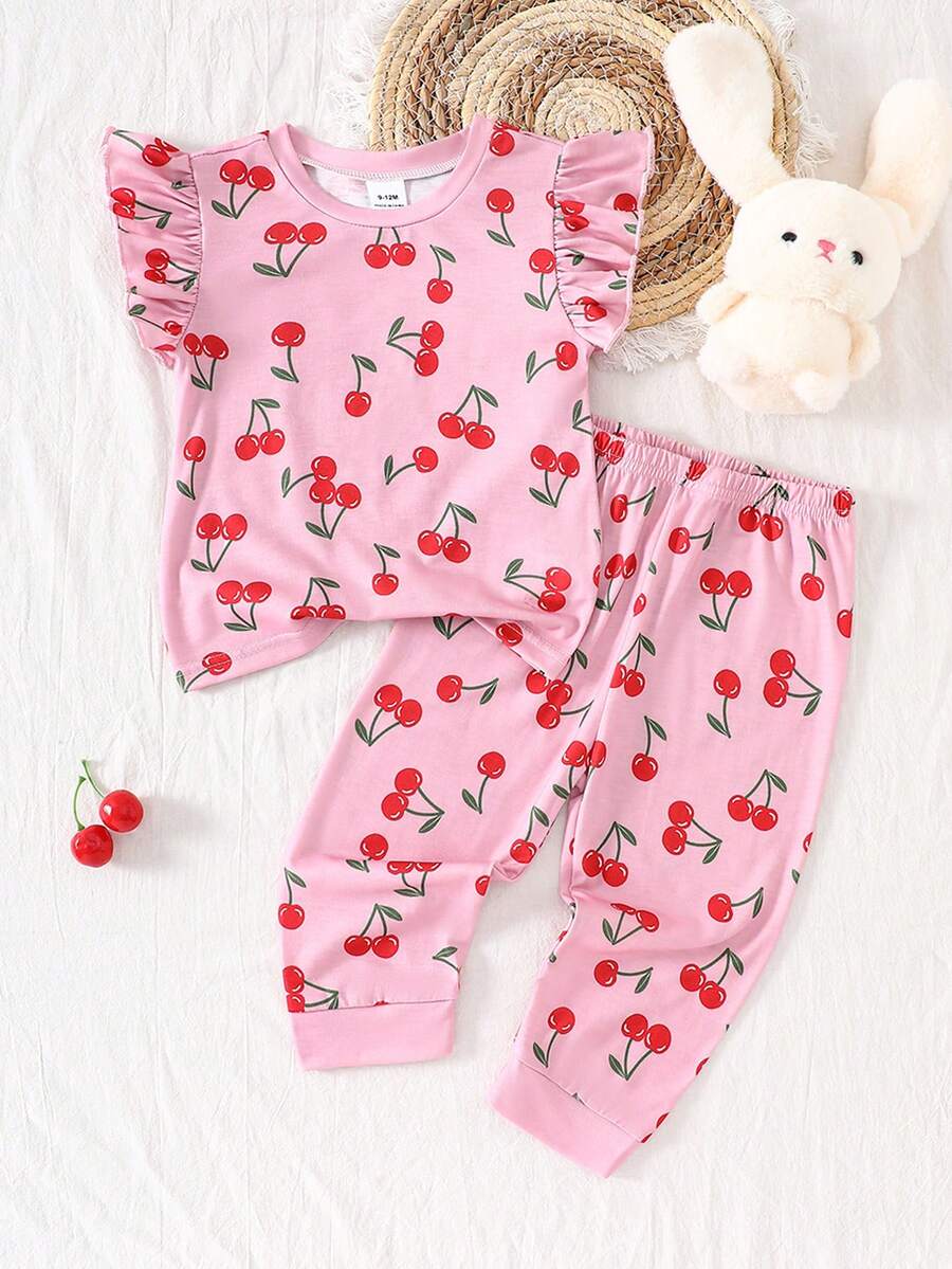 2件套女婴荷叶边粉色樱桃可爱简约时尚休闲舒适睡衣，夏季 - 粉色 - 查看 1