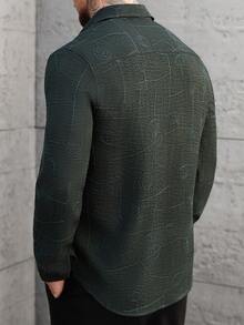 Manfinity Homme 男士纯色刺绣线条图案休闲长袖衬衫 - 墨綠色 - 查看 2