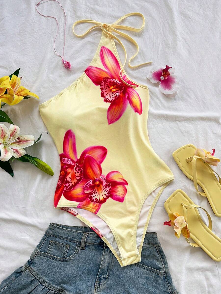 Soleia 新款女士度假针织印花不对称肩部蝴蝶结连体衣 - 彩色 - 查看 1