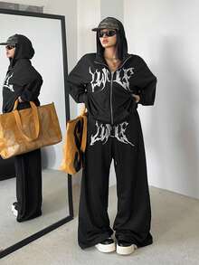 POPSWAY Conjunto informal de 2 piezas de estilo gótico para mujer de talla grande, para otoño/invierno, moda callejera - Negro - Ver 7