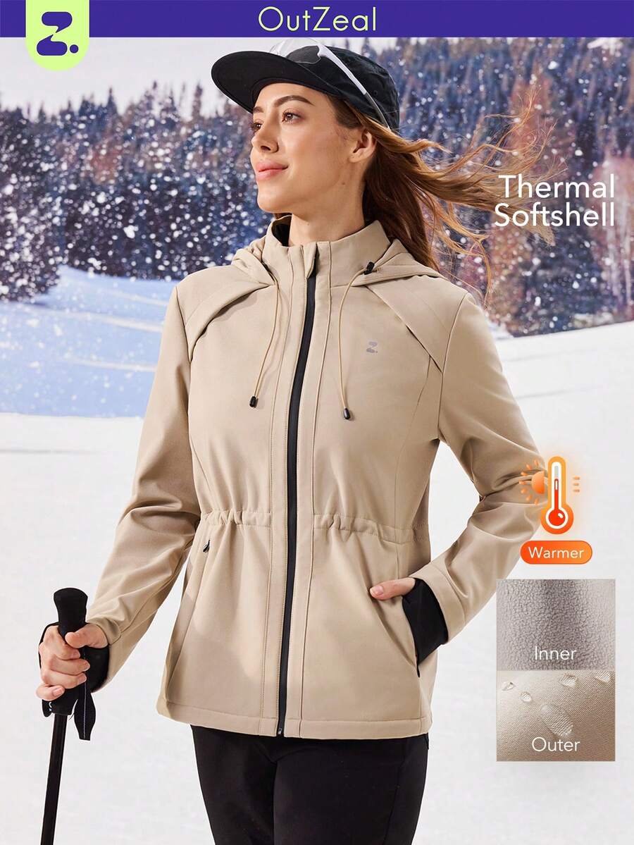 OutZeal 女士冬季保暖外套 圣诞节服装 滑雪 露营 保暖内衬 防风 防水 抽绳腰带 带拉链口袋 - 卡其色 - 查看 1
