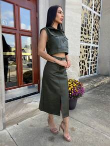 Carolina Barros 2 件套女士秋冬前扣口袋衬衫和 PU 裙子 - 綠色 - 查看 6