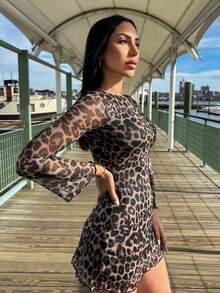 Carolina Barros 女士豹纹网布喇叭袖迷你连衣裙 - 棕色 - 查看 6