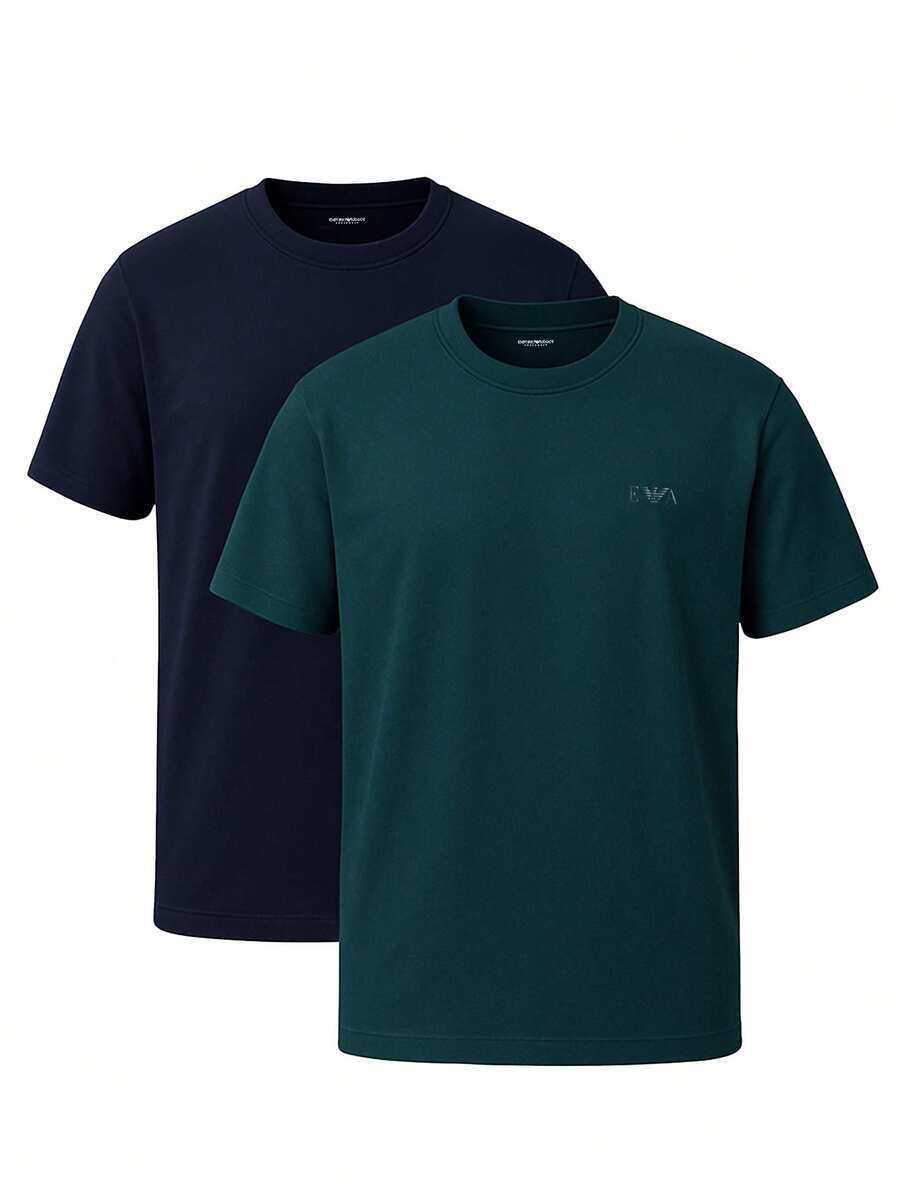 Emporio Armani Men's T-Shirt 2 Pack Green Navy Blue - Navy Blue and Dark Green - View 1
