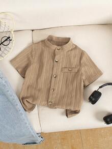 SHEIN Genkimix Kids Áo sơ mi mùa hè cho bé trai, chất liệu mềm mại, màu trơn, cài cúc đơn, tay ngắn, size 4 tuổi. - Màu Khaki - Xem 3