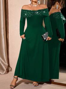 Cravure Đầm trễ vai thanh lịch cỡ lớn cho nữ, thích hợp cho tiệc tùng và hẹn hò - Màu xanh lá cây đậm - Xem 5