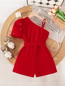 Tween Girls' Elegant Commuter Banquet One Shoulder Strap Puff Sleeve Beaded Belt Shorts Jumpsuit - Red - View 4