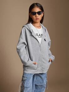 Radiana Tween Girl Zip Up Grey Solid Color Hoodie Sweatshirt,In Fall/Winter - Grey - View 2