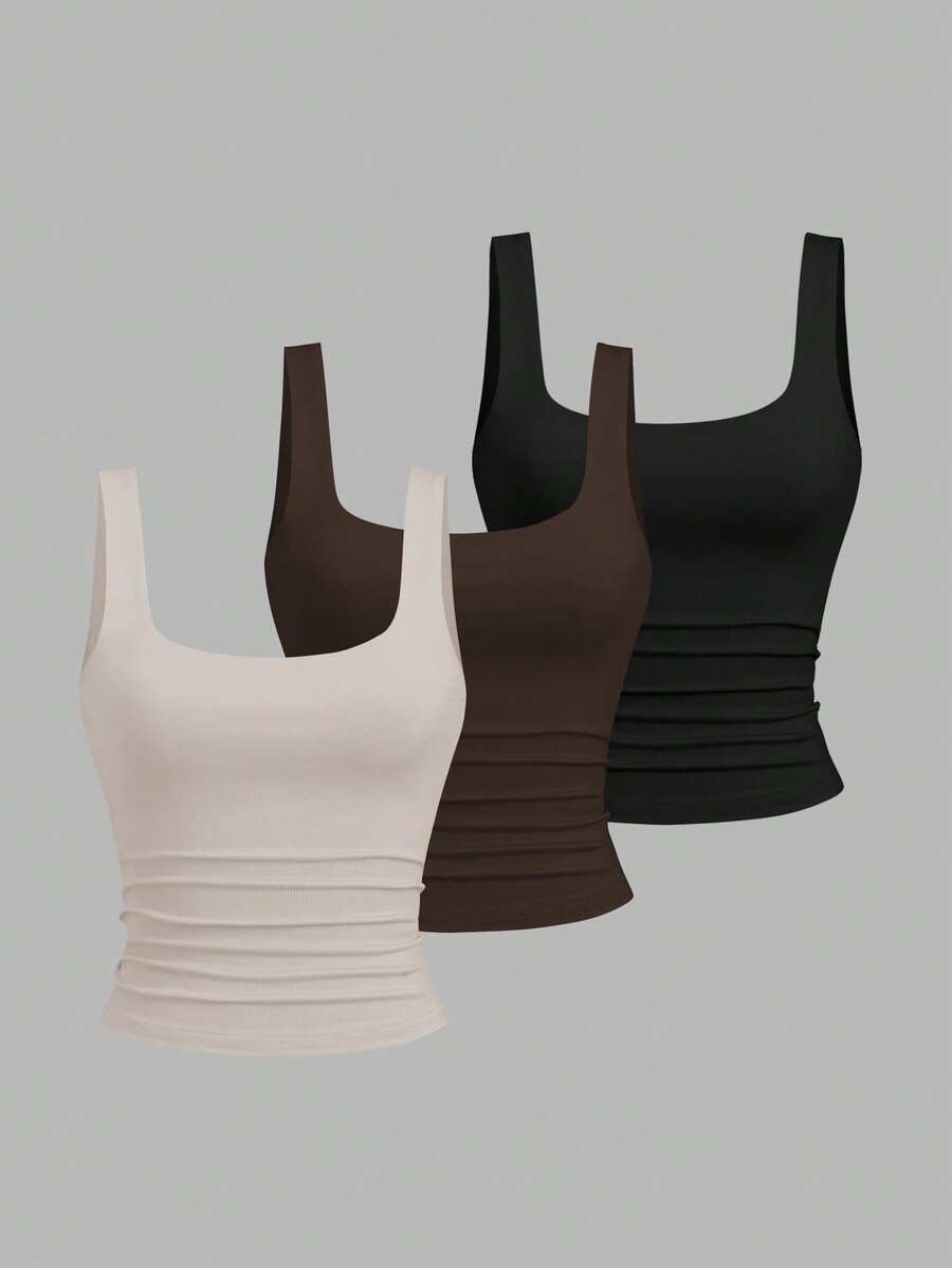 Sweetra 女士休闲褶皱方领背心，夏季 - 彩色 - 查看 1