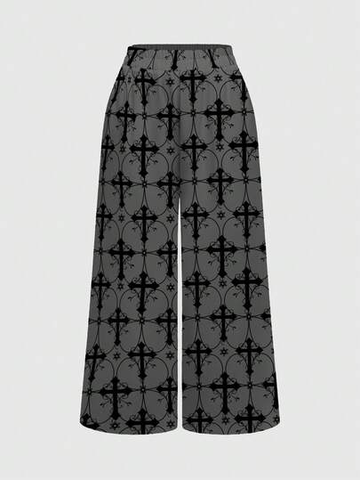 Goth Dark Mysterious Cross Vine Baroque Dark Rose Black & Grey Women's Pants