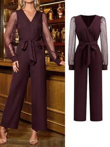 Ellevyn Pantalones acampanados de cintura alta con cuello en V elegante y cintura ceñida, color morado berenjena, adelgazante, adecuado para uso diario y múltiples ocasiones, otoño/invierno, Navidad, Acción de Gracias, fiesta de lujo, Año Nuevo, ropa de mujer. Mono de malla para mujer, monos, traje de mujer, monos de mujer, monos elegantes, monos para mujer