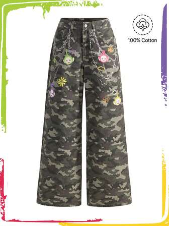 Teletubbies X ROMWE Jeans amples à jambes larges avec imprimé chaîne camouflage pour femmes