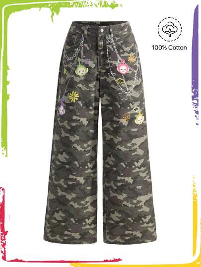 Teletubbies X ROMWE Damen Camouflage Ketten Muster Loose Fit Weite Bein Jeans