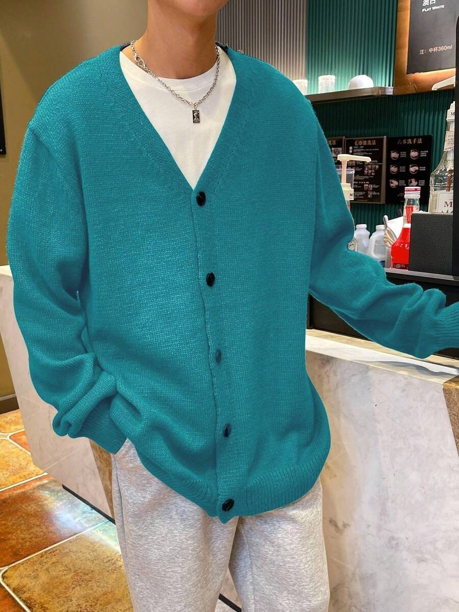 Claim Dot 男士纯色长袖单排扣休闲针织开衫，秋冬季 - 青碧色 - 查看 1