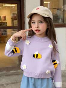 Maglione lavorato a maglia viola casual, alla moda e carino con fiori e api, morbido e confortevole, adatto per scene quotidiane, viaggi, vacanze, casa, asilo, autunno e inverno, Natale, apertura scolastica, feste, stile versatile a maniche lunghe, abbigliamento primaverile, autunnale e invernale, abiti da ragazza per festival, maglione con api e girasoli, maglioni carini per bambini, set di abbigliamento con api e girasoli, taglia 7 - Viola chiaro - Visualizzare 6