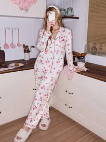 SweetSlumber 樱桃心形印花甜美ins风翻领长袖女士睡衣套装 - 彩色 - 查看 4