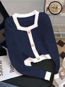 Franclia European & American Style Blogger Same Elegant Metal Buckle Contrast Color Square Collar Fitted Puff Sleeve Pullover Sweater - Navy Blue - View 4