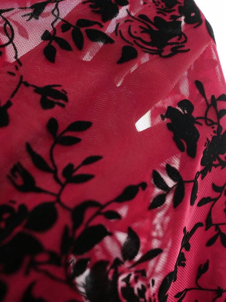 SHEIN Maija Women's Plus Size Floral Print Sheer Mock Neck Blouse (No Bra), Suitable For Urban Commute, Business Casual, Office Wear, Elegant For Christmas Party, New Year Celebration, Red Top/Winter