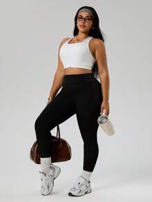 Rhythm Era Women's Black Summer Athletic Pilates Leggings,High Waist Tummy Control Compression Workout Tights With Side Pockets,Plus Size Yoga Pants Hip Lift - Black - View 8