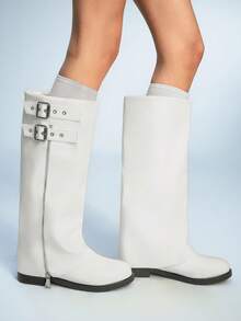 ROMWE Women's Fashionable Versatile Commuting Adjustable Buckle Knee-High Boots For Christmas - White - View 6