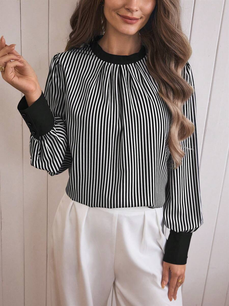 SHEIN LUNE Blusa feminina casual/para o trabalho com estampa listrada em preto e branco e mangas bufantes, estilo solto, para primavera/outono. - Preto e Branco - Ver 1