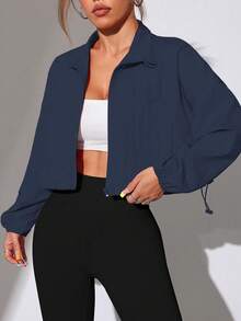 SHEIN Dewbera Women's Solid Color Zip Front Drawstring Hem Woven Sports Jacket - Navy Blue - View 5