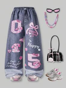 SHEIN Explorewe Young Girl' Colorblock Printed Casual Loose Pants - Grey - View 1