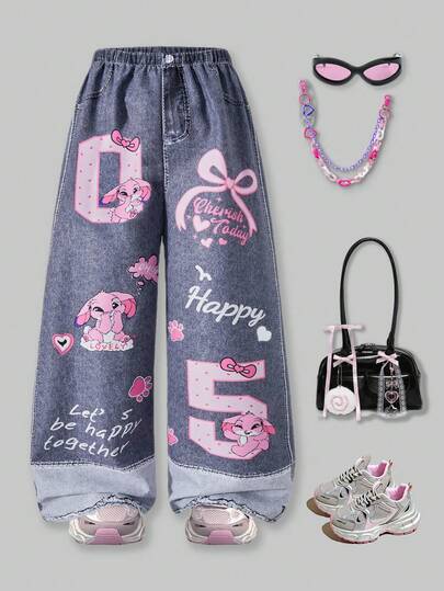 SHEIN Explorewe Young Girl' Colorblock Printed Casual Loose Pants