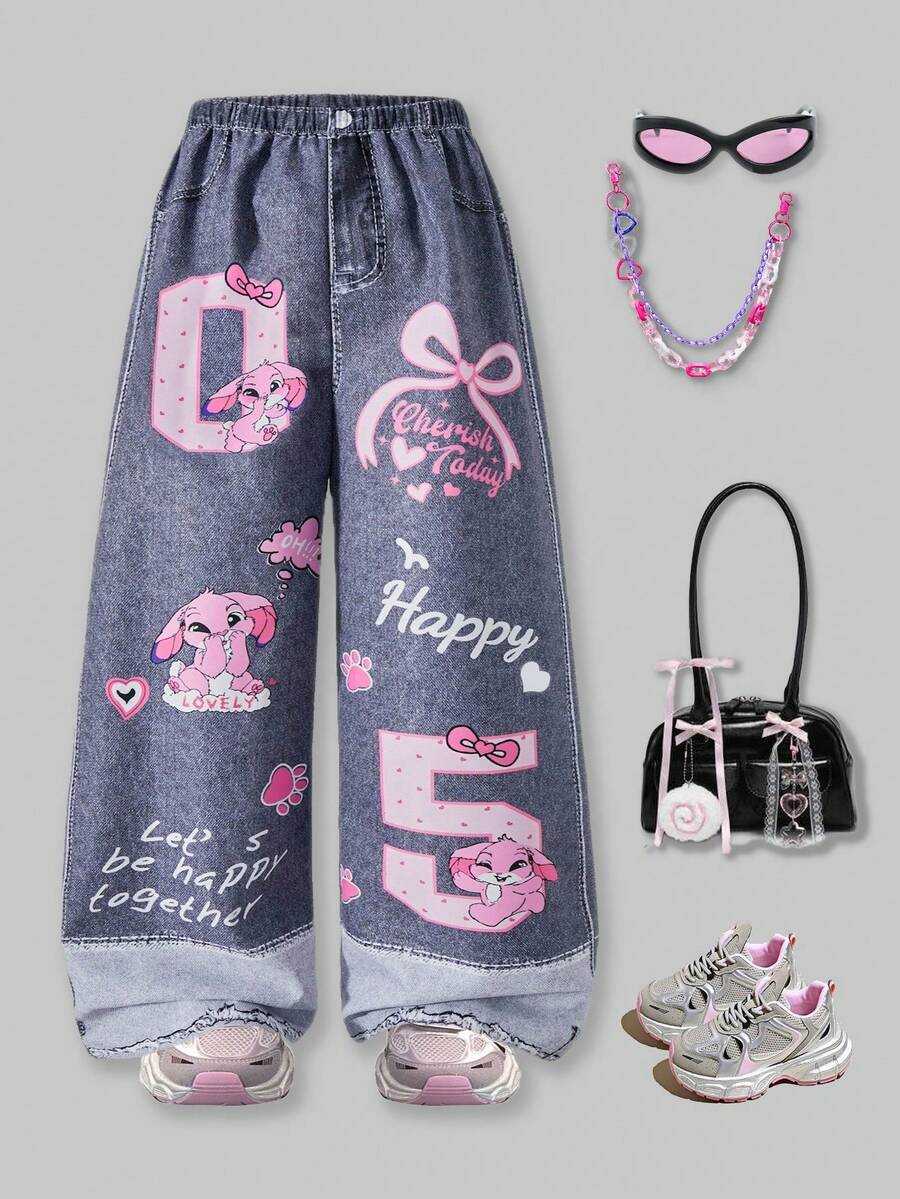 SHEIN Explorewe Young Girl' Colorblock Printed Casual Loose Pants - Grey - View 1