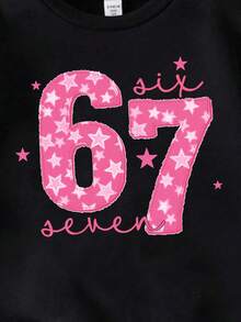 SHEIN 少女秋冬休闲时尚创意个性清新简约别致67粉色星星字母标语印花舒适圆领卫衣，秋冬穿着舒适 - 黑色 - 查看 5