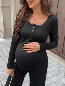 SHEIN 两件套孕妇纯色圆领蕾丝拼接长袖上衣和裤子休闲针织套装 - 黑色 - 查看 4