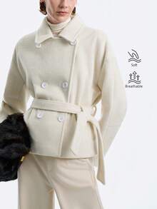 SHEIN LUNE Women's Elegant, Casual, Luxury White Turndown Collar Waist Short Wool Blend Coat, Suitable For Party, Commute, Outing, Halloween, Christmas, New Year, Thanksgiving, Winter - White - View 2