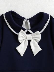 1pc Girls' Casual Collared Embroidered Colorblock Knit Dress - Navy Blue - View 4