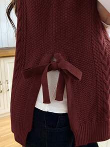 SHEIN 女士宽松高领侧开衩系带休闲孕妇毛衣背心，秋冬季 - 酒紅色 - 查看 7