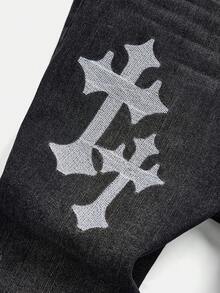 Bolty Teen Boy Fashion Casual Y2k Vintage Cool Street Returns To School College Black Cross Embroidered Pattern Grey Denim Stretch Jeans For Kids Clothes Teen Boy Dailywear And Kids Winter And Fall Rave Outfits Festival And Outfits Streetwear School Clothes - Black - View 2