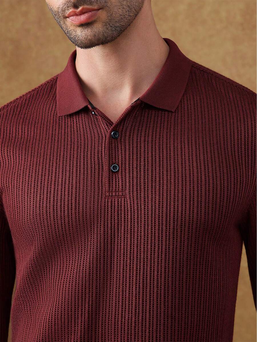 Core Aspect 针织钩编面料，纯色Polo衫，针织Polo衫，休闲Polo衫，纽扣Polo衫，适合日常外出、朋友聚会、休闲周末穿着，男士酒红色纯色长袖罗纹针织Polo衫，常规下摆商务风格 - 酒紅色 - 查看 1