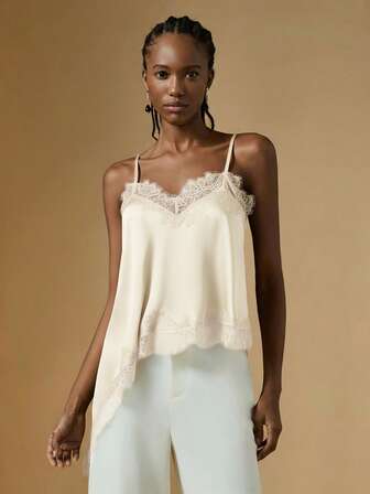 Briarwyn Women's Solid Color Spaghetti Strap Lace Trim Asymmetrical Hem Loose Blouse