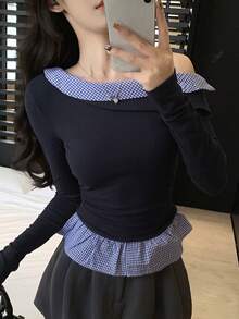 DAZY Women's Plaid Splice Slim Fit Asymmetric-Shoulder Long Sleeve Casual Base Layer T-Shirt - Navy Blue - View 7