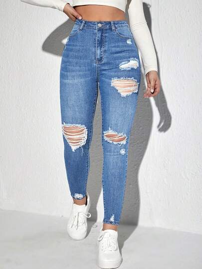 SHEIN Jeanoir Plus Size Women High Waist Pockets Distressed Skinny Casual Versatile Jeans