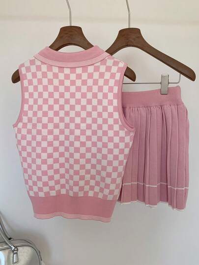 Comfortcana Bộ đồ thường ngày 2 món dành cho nữ: Áo vest cổ polo dệt kim họa tiết hiệp sĩ và chân váy mini dệt kim xếp ly